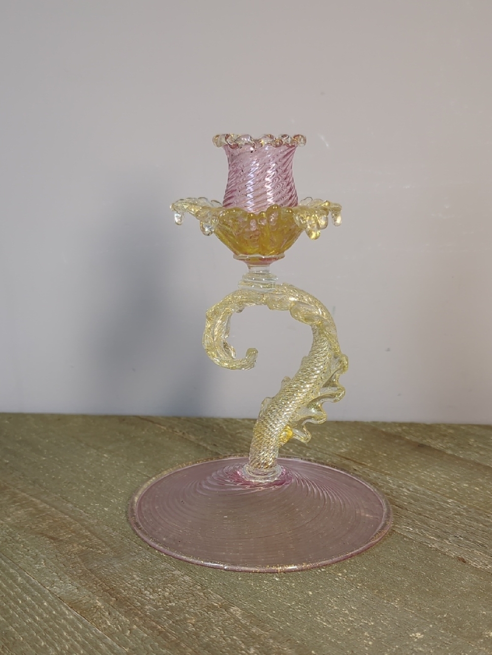 Venetian Murano glass Leaf candlestick feat pink and Gold glass